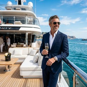 A middle-aged man with a glass of champagne on the deck of his boat.